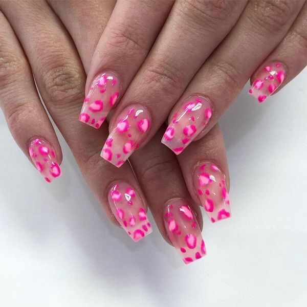 Vibrant Pink Leopard Nail Design: Playful Gradient with Glossy Finish.