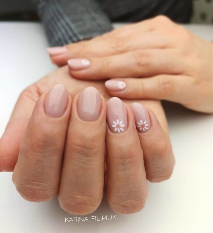 Elegant Nude Nail Design with Soft Pink Base and Delicate Floral Accents