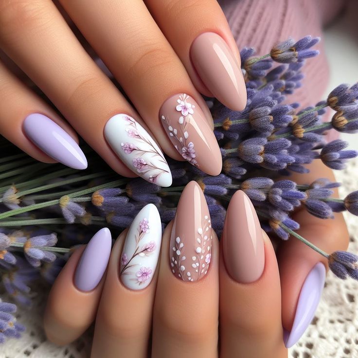 Serene Almond-Shaped Floral Nail Design in Soft Pastels