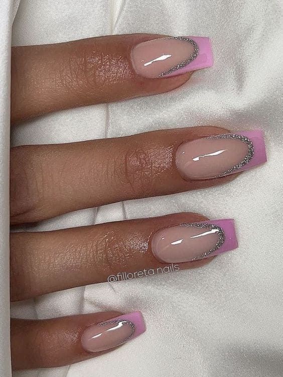 Chic Square-Shaped Nail Design in Soft Pink and Nude with Glossy Finish and Silver Accents