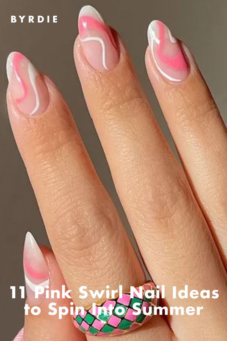 Playful Pink Swirl Nail Art with Chic White Accents and Elegant Almond Shape.