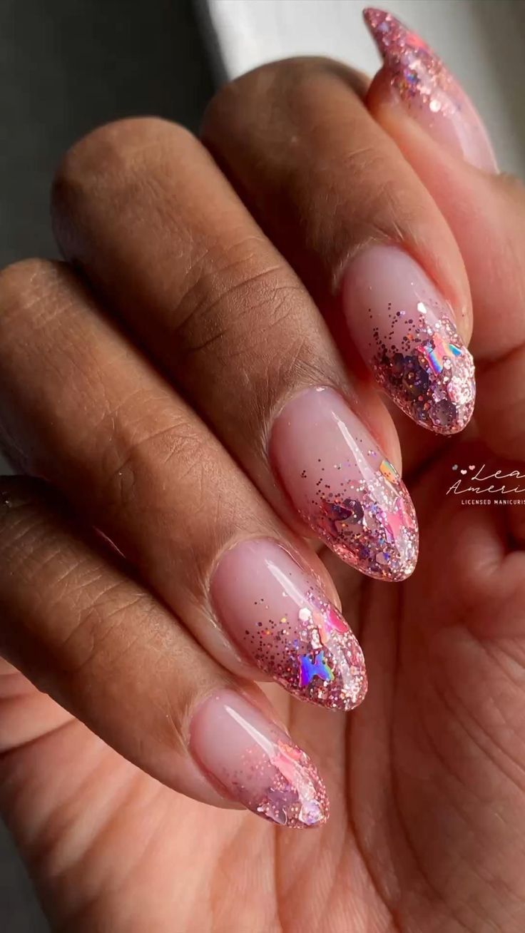 Chic Glittery Ombre Nails: Soft Pink Elegance with Sparkling Accents