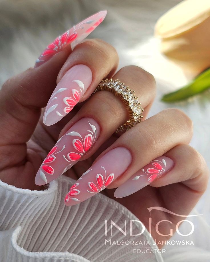 Elegant Floral Nail Design with Delicate Pink Flowers on Nude Base