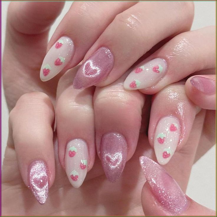 Chic Whimsical Nail Design with Soft Pink and White, Adorned with Strawberry and Heart Motifs