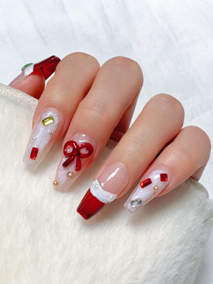 Vibrant Red and Elegant White Festive Nail Design with Intricate Decorations for Holiday Celebrations