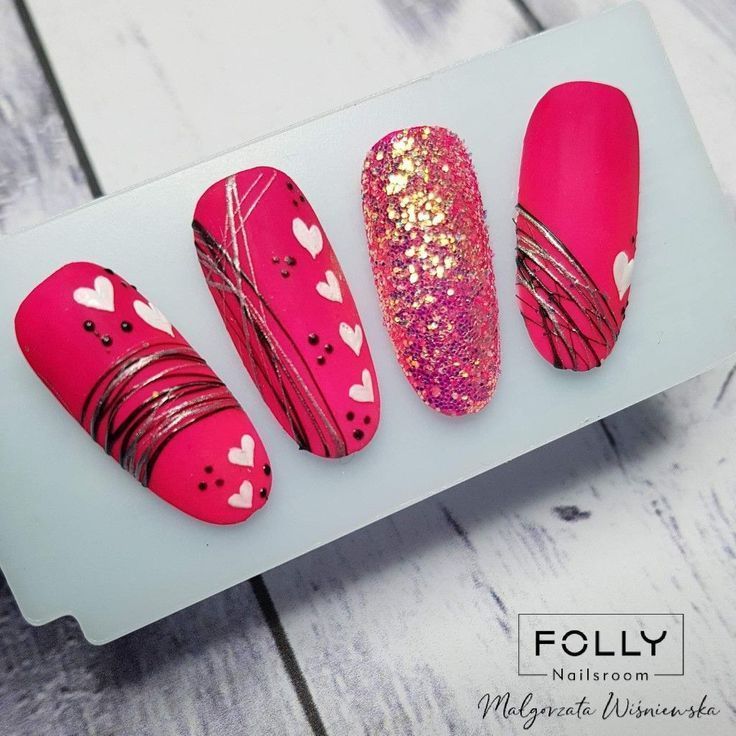 Chic Vibrant Pink Nail Design with Textures, Patterns, and Glam Glitter Accents.