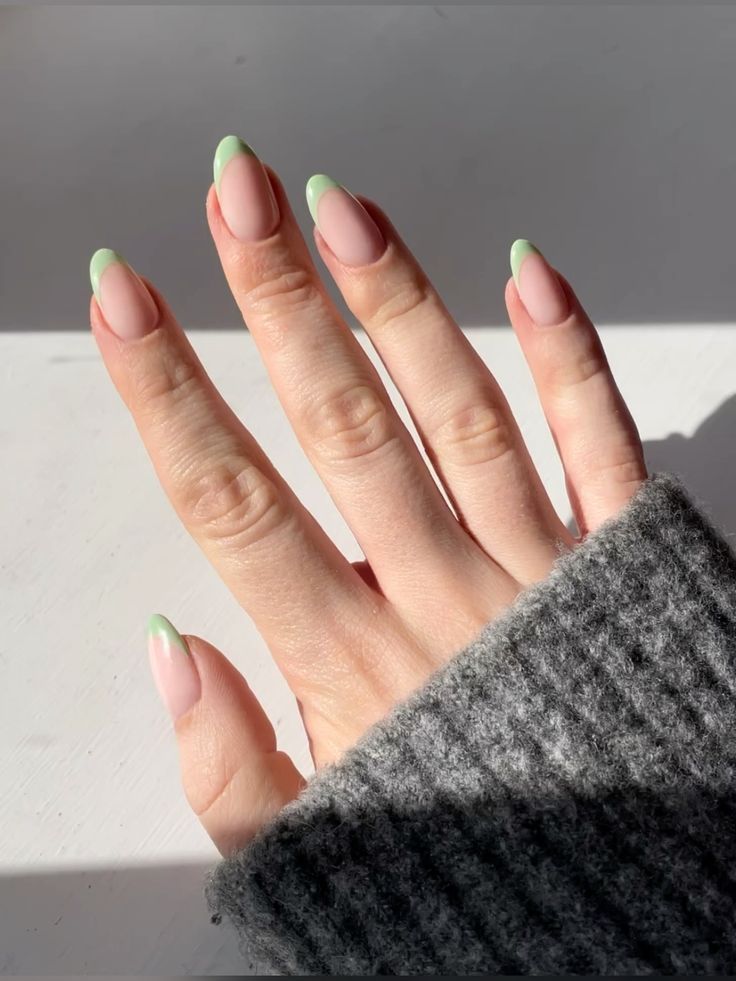 Elegant Almond-Shaped Nail Design: Soft Pink Base with Fresh Mint Green Tips