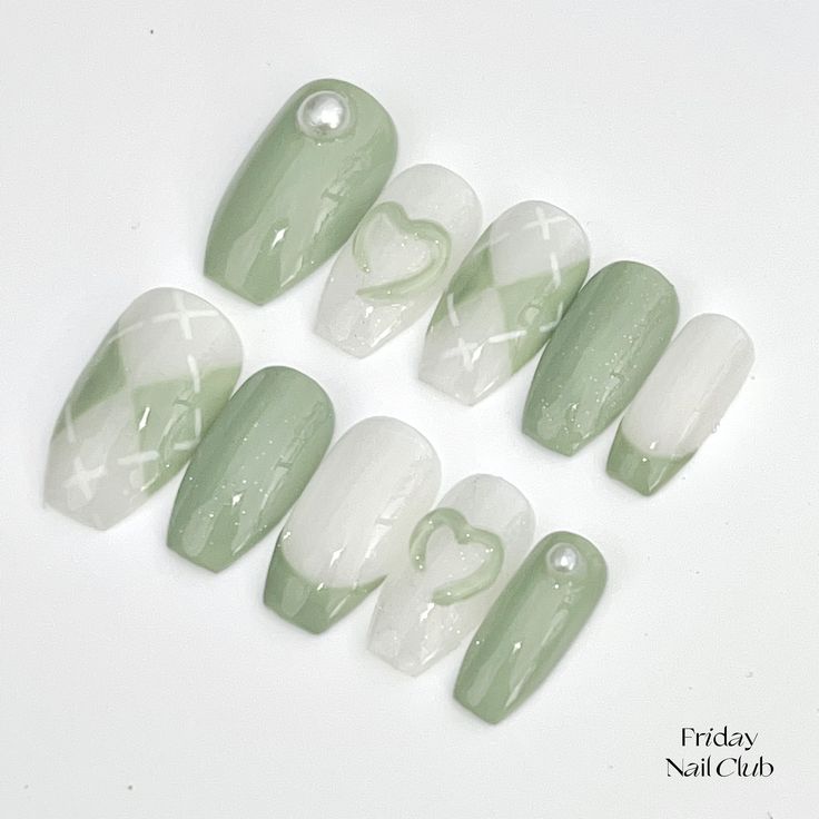 Elegant Whimsical Pastel Green Nail Design with Glossy and Matte Finishes