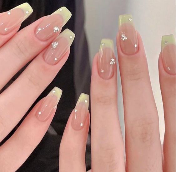 Elegant Pastel French Manicure with Rhinestones for a Chic Touch