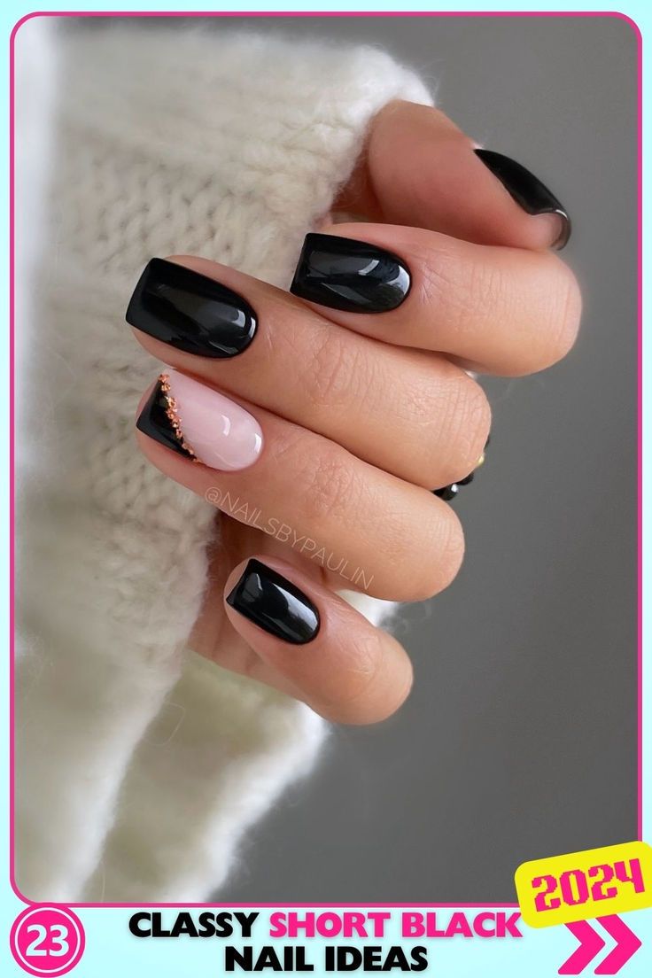 Chic Short Square Nails: Glossy Black and Soft Pink Design with Delicate Chain Accent.