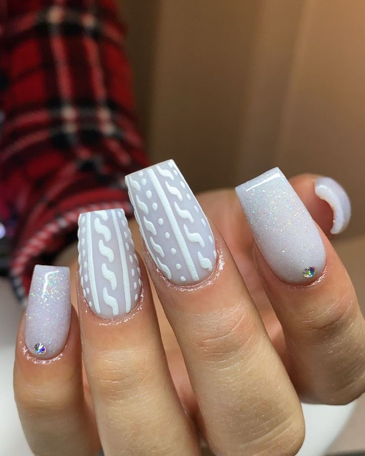 Chic Pastel Lavender Nail Design with Textured Knitted Patterns and Glam Accents