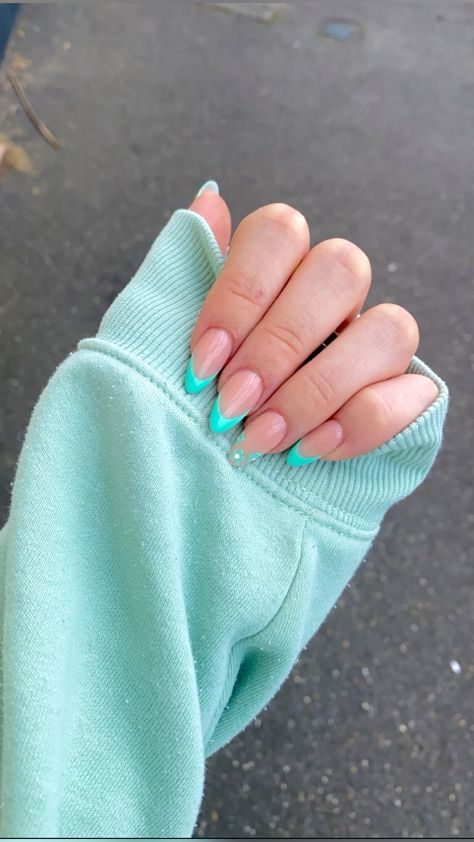 Chic Nude and Mint Green Nail Design for a Fresh, Playful Look.