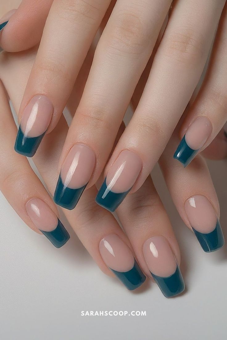 Chic Nude Base with Striking Teal Tips for a Fresh, Modern Look.