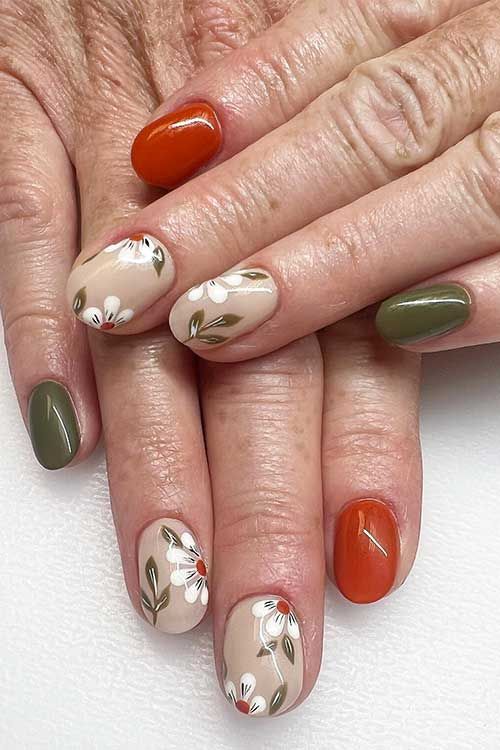 Floral Nail Design: Harmonious Blend of Earthy Tones and Vibrant Accents