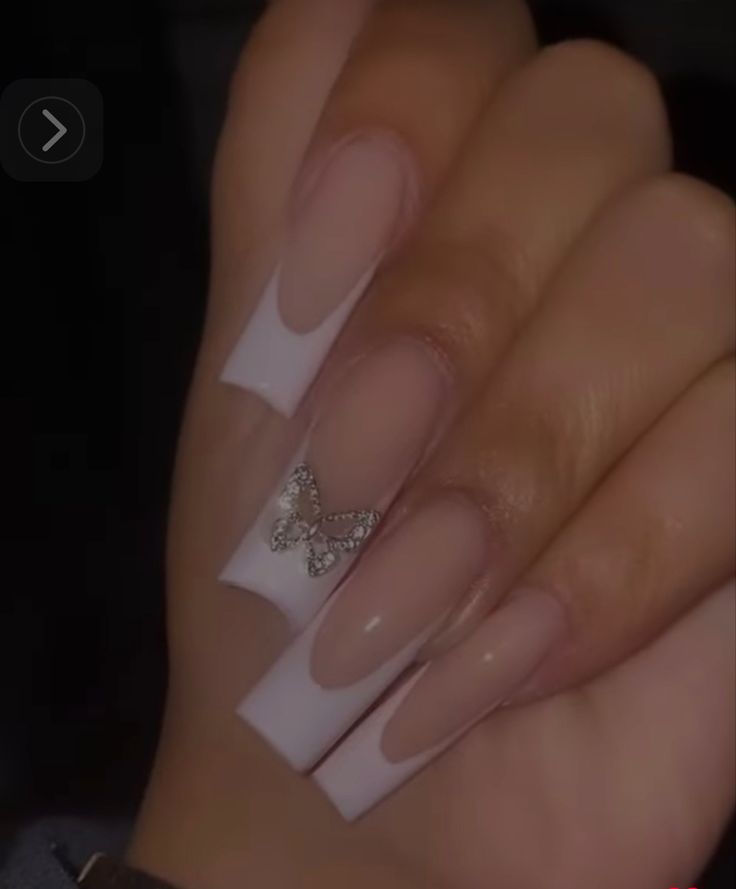 Elegant French Manicure with Butterfly Accents on Square-Shaped Nails