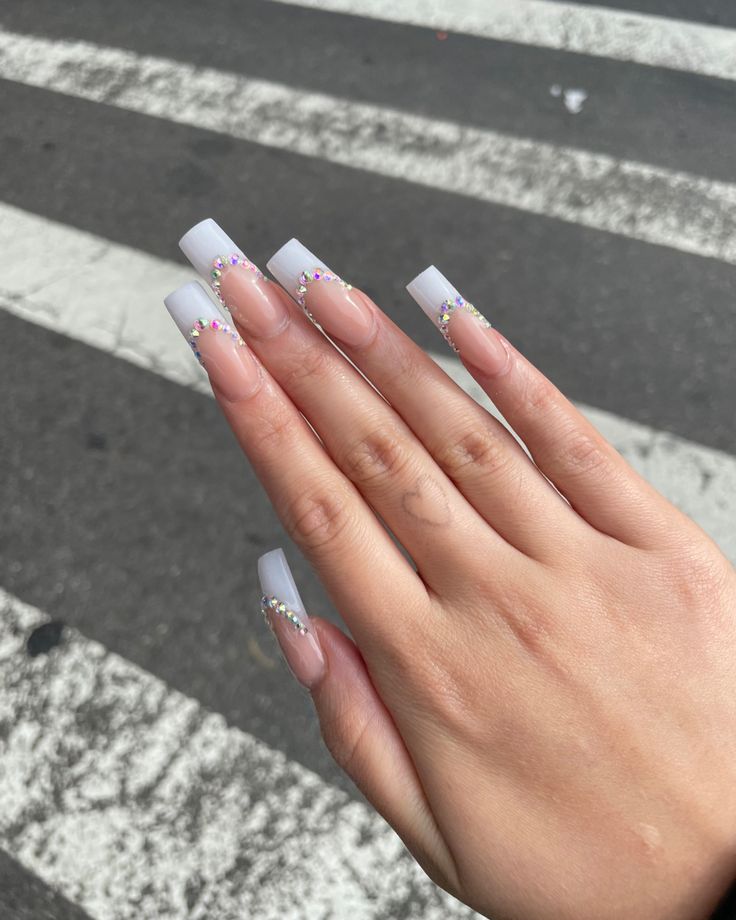 Chic Square Acrylic Nails with Nude Base and Crystal French Tips