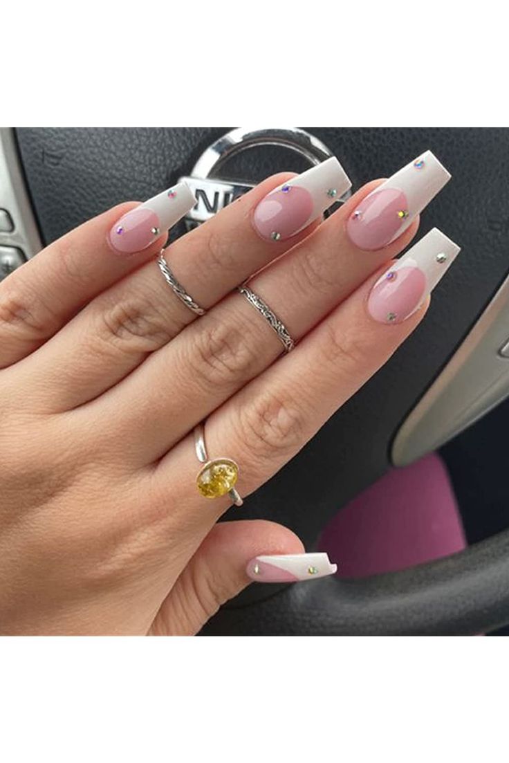 Chic Soft Pink and White Tip Nail Design with Sparkling Gems