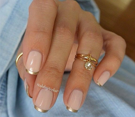 Chic Gold French Tip on Elegant Nude Nails: Effortlessly Sophisticated for Any Occasion