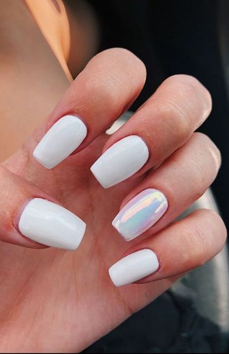 Chic Nail Art: Pristine White Base with Iridescent Accent for a Modern Look.