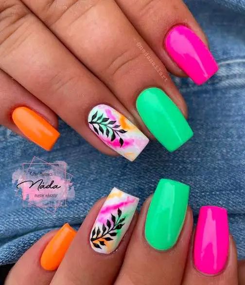 Bold and Playful Nail Design: Neon Colors with Floral Accent