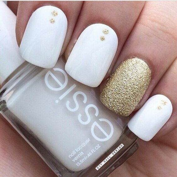 Chic White Nails with Subtle Gold Accents for Timeless Elegance.