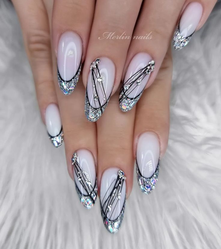 Chic Ombre Nail Design with Geometric Patterns and Sparkling Rhinestones