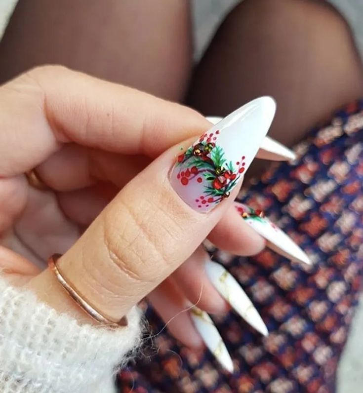 Elegant Winter Botanical Nail Art with Glossy White Finish and Cheerful Red Accents.