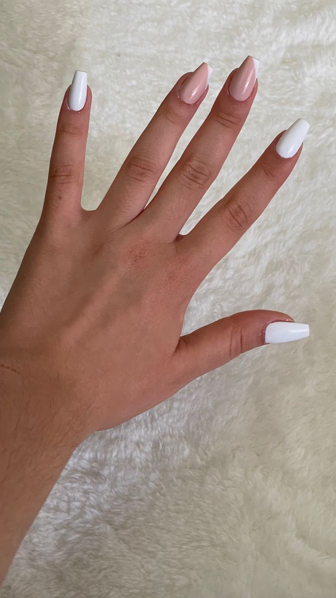 Chic Nude and White Tapered Nail Design for Any Occasion