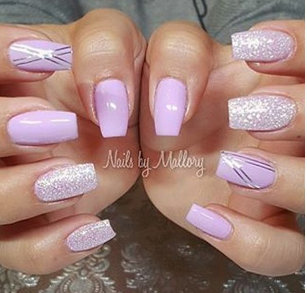 Chic Lavender Nail Design with Glossy and Glittery Finishes