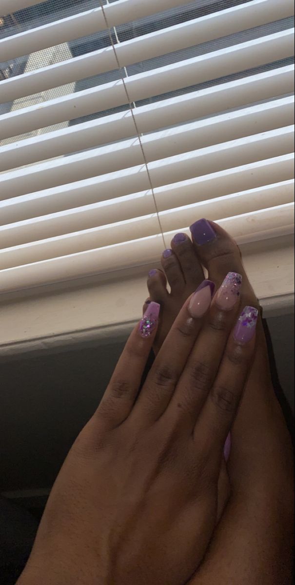 Elegant Purple Nail Design with Glitter Accents and Matte-Gloss Finish.