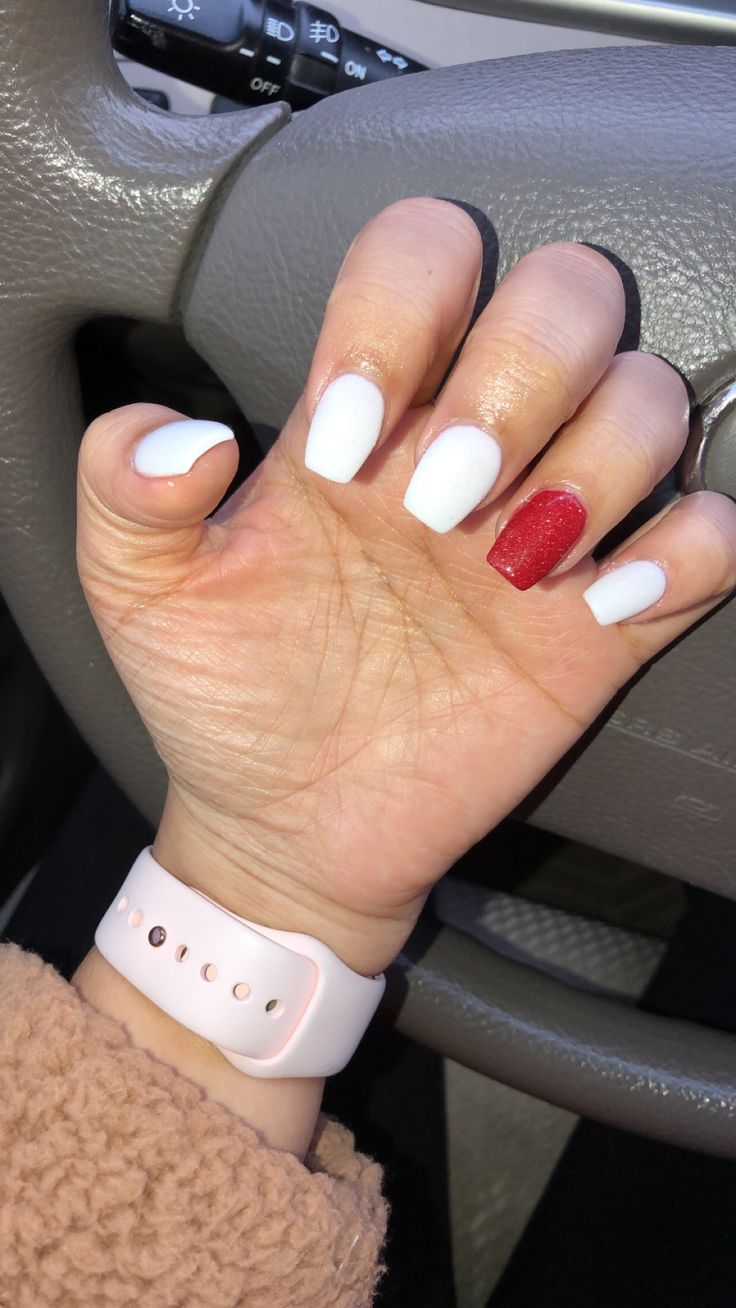 Chic White Nails with a Bold Red Accent for a Fresh, Playful Look.