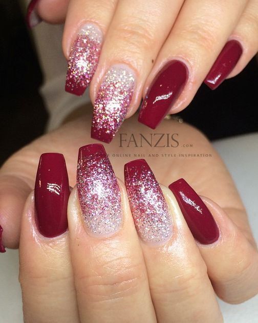 Chic Square-Shaped Nails: Deep Burgundy with Sparkling Silver Gradient for Glamorous Occasions.