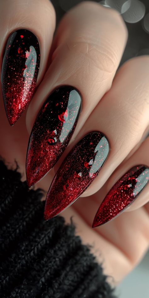 Elegant Gradient Red and Black Nails with Glittering Sparkle.