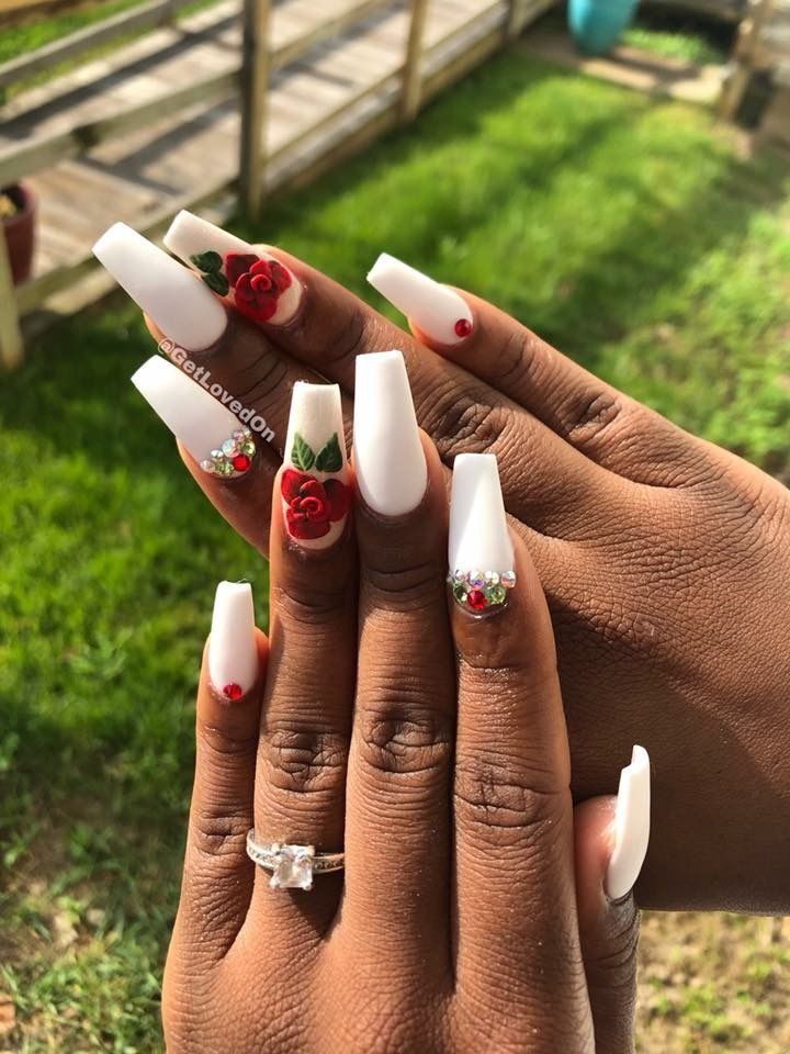 Floral Elegance: White Tips with Red Roses, Green Leaves, and Gemstone Glamour.