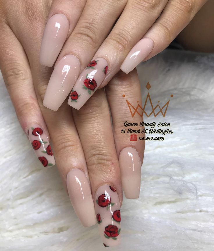 Elegant Nude Nails Adorned with Striking Red Rose Art for a Perfectly Artistic Look.