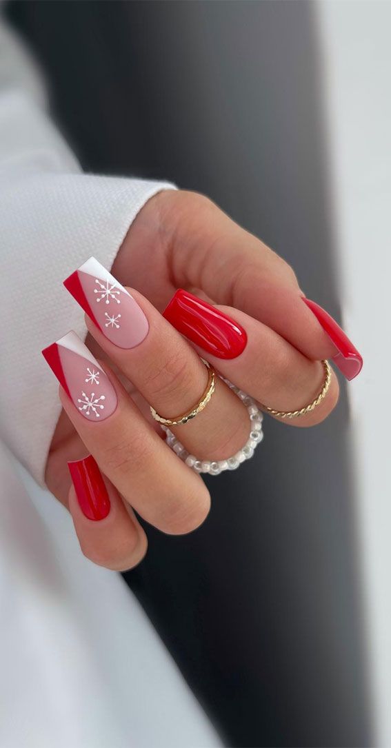 Charming Winter-Themed Festive Nail Design with Vibrant Red, Elegant Nude, and Playful Snowflake Accents