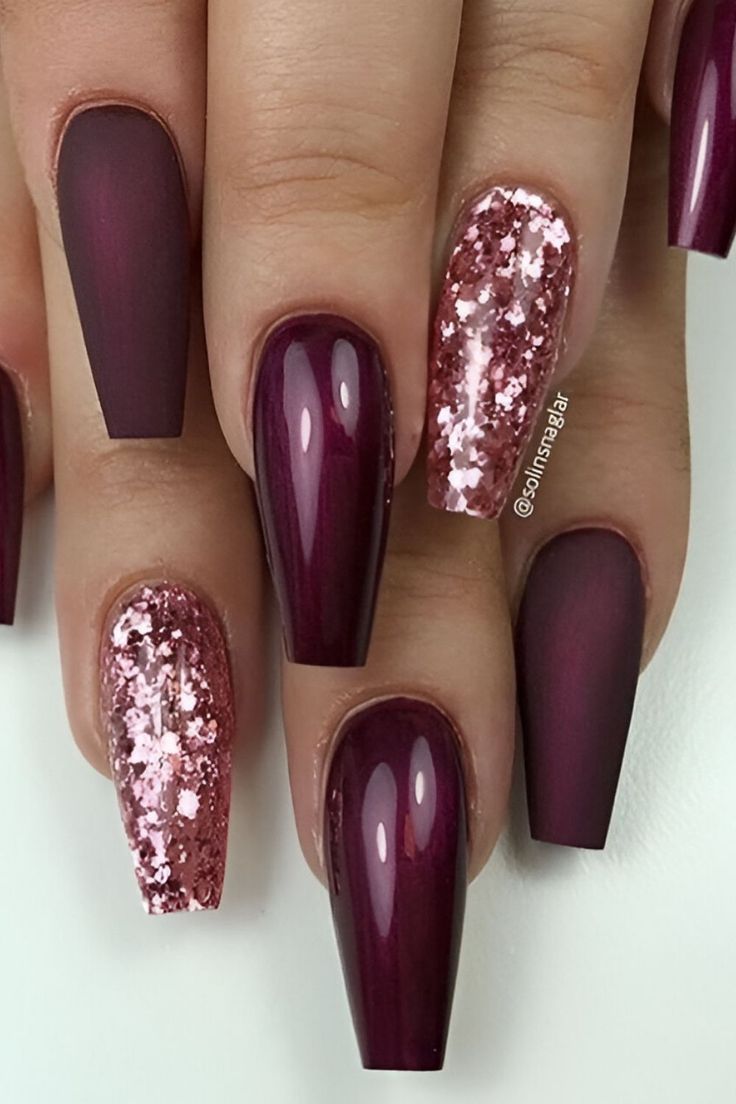 Chic Deep Burgundy Nail Design with Glossy-Matte Contrast and Rose Gold Glitter Accent.