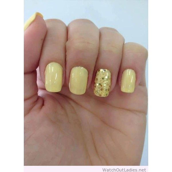 Vibrant Yellow Nail Design with Glamorous Gold Glitter Accent for a Cheerful Summer Look.