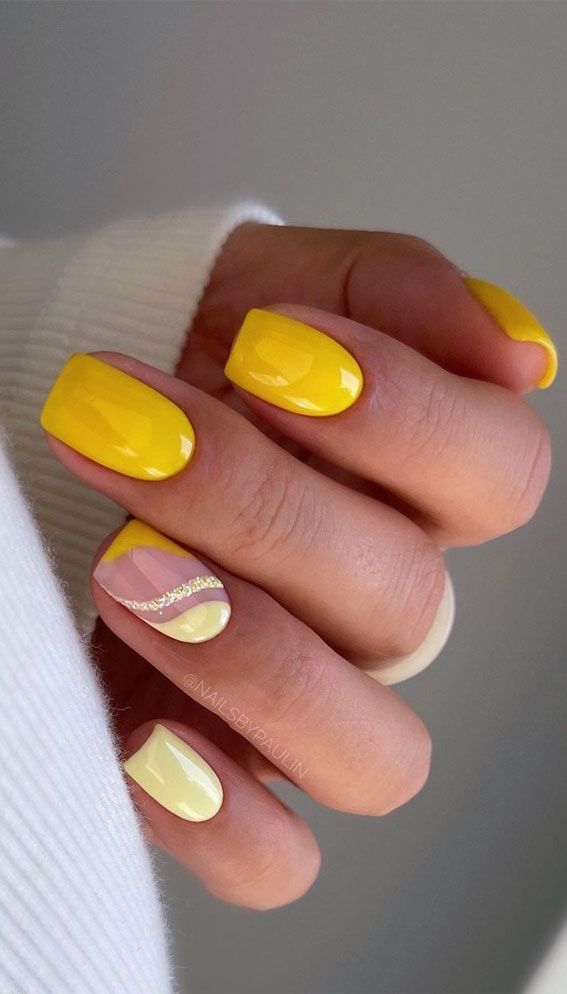 Cheerful Yellow Glossy Nails with Chic Glitter Accent