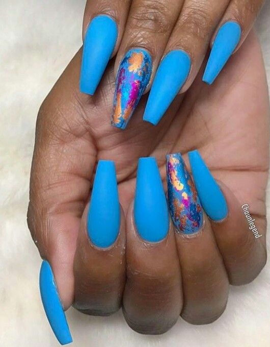 Elegant Vibrant Blue Matte Nail Design with Playful Pink and Gold Marbled Accents.