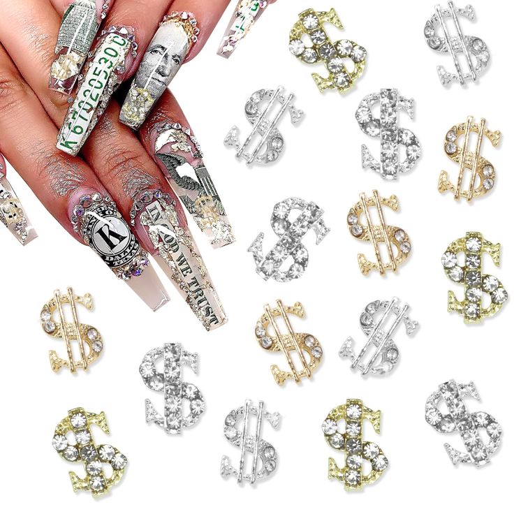 Glamorous Long Nails: Vibrant Patterns, Textures, and Opulent Dollar Sign Embellishments.