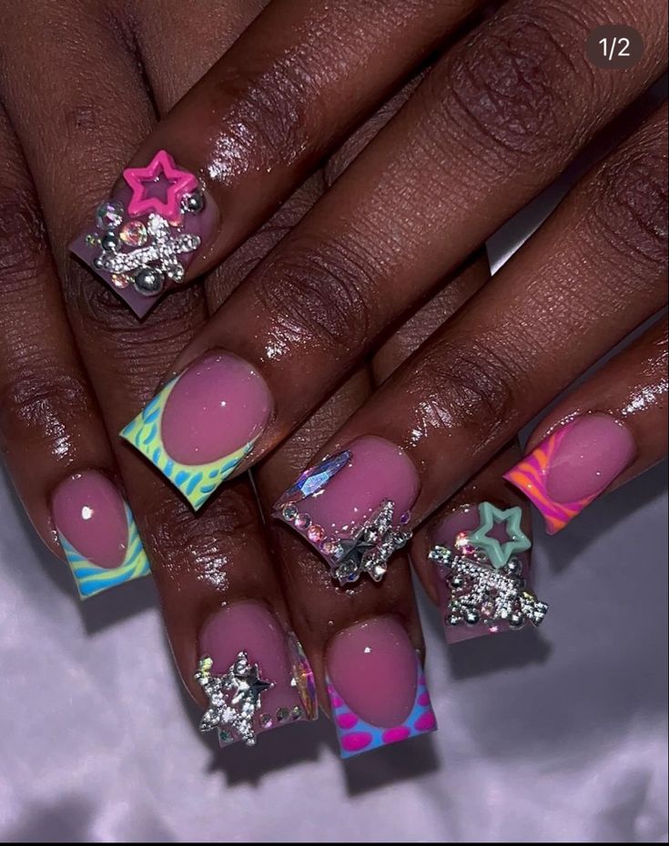 Vibrant, Playful Nail Art with Unique Designs and Sparkling Embellishments.