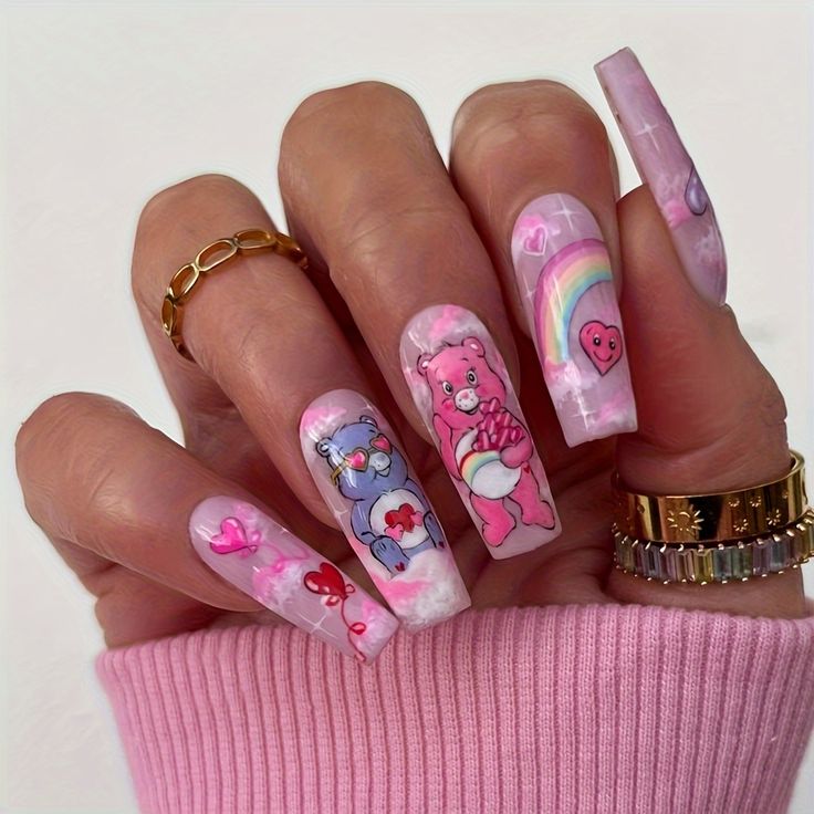 Whimsical Pastel Bear Nail Design with Playful Illustrations and Glossy Finish