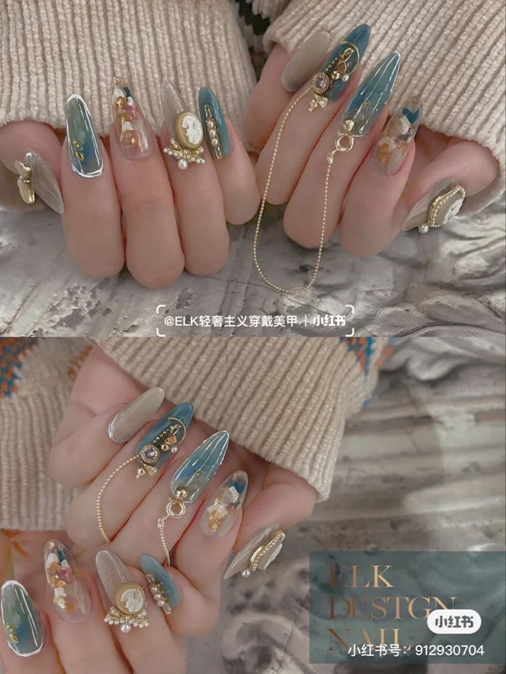 Sophisticated Elegant Nail Design with Soft Blue, Neutrals, and Luxurious Embellishments