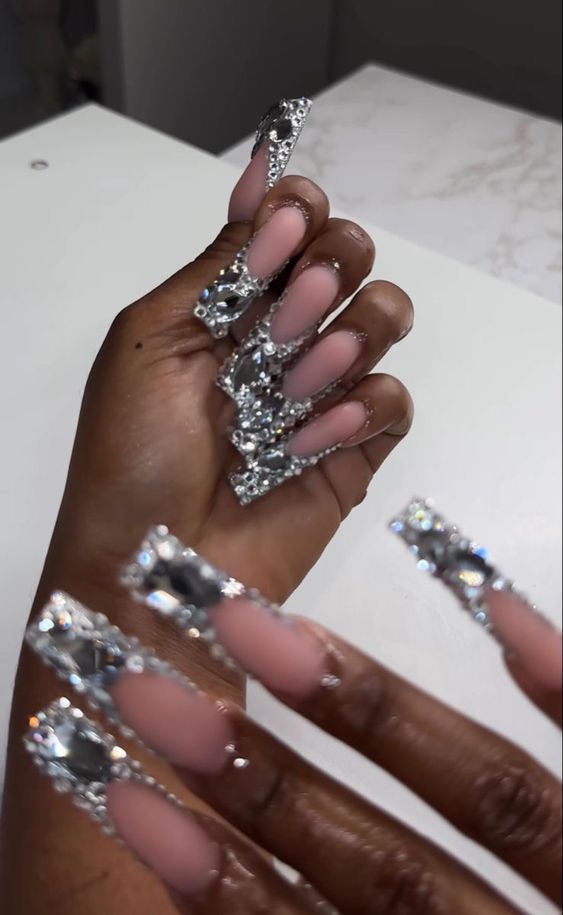 Elegant Rhinestone-Embellished Nude Nails: A Sophisticated Glamour Statement for Special Occasions