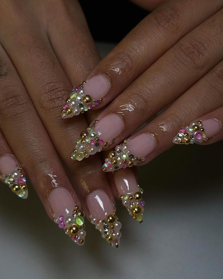 Elegant Almond-Shaped Nail Design with Colorful Bead and Pearl Embellishments