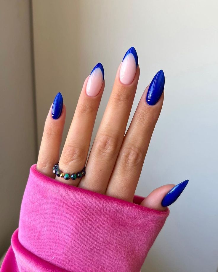 Elegant Almond-Shaped Nails with Vibrant Blue-Pink Gradient for a Bold Fashion Statement.