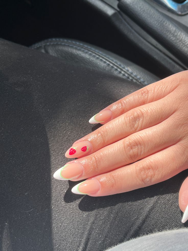 Chic French Manicure with Whimsical Red Polka Dots: A Creative Nail Art Design.