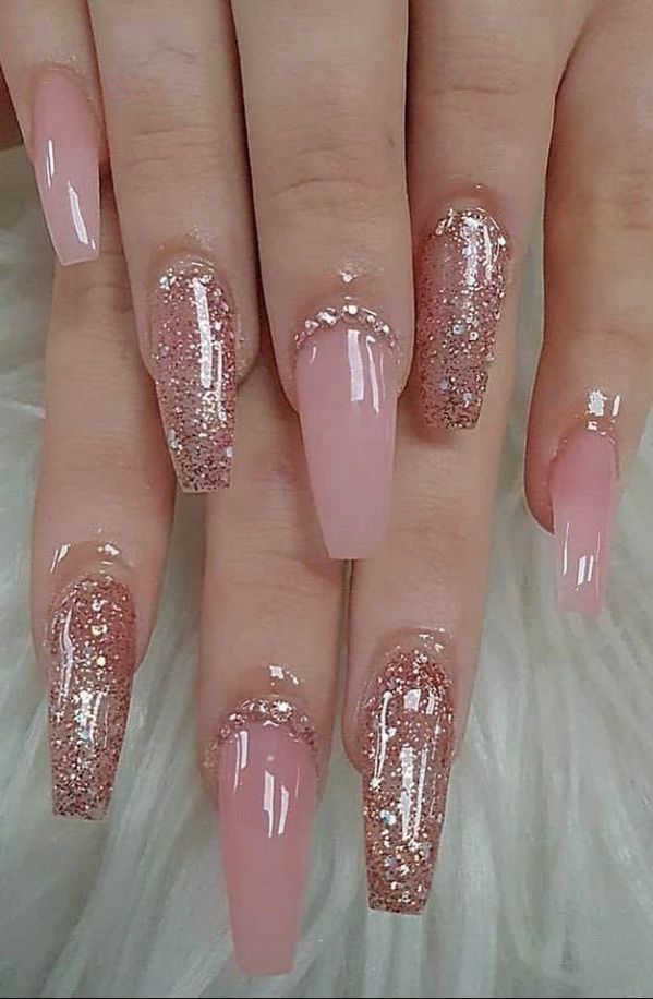 Chic Elegant Nail Design with Soft Pink, Glitter Accents, and Refined Beading.