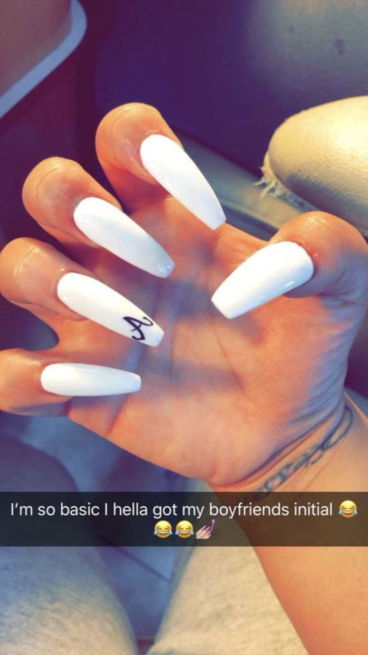 Chic White Glossy Nails with Personalized Initial for a Trendy Look